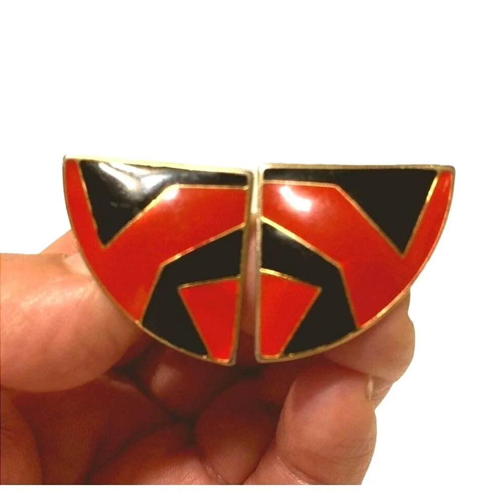 Geometric Western Aztek inspired‎ red black enamel clip on earrings women OS